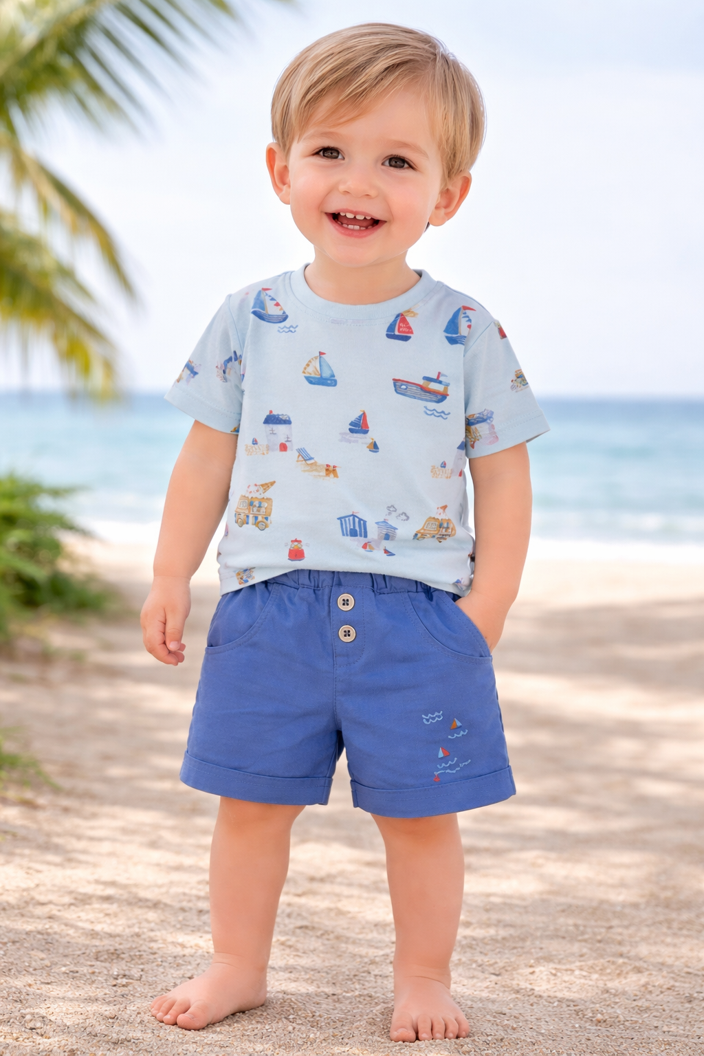 Conjunto 2 Peças Barquinhos Bebé | T-shirt + Calções Algodão