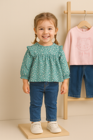 Blusa bebé verde com folhos e flores – 100% algodão suave