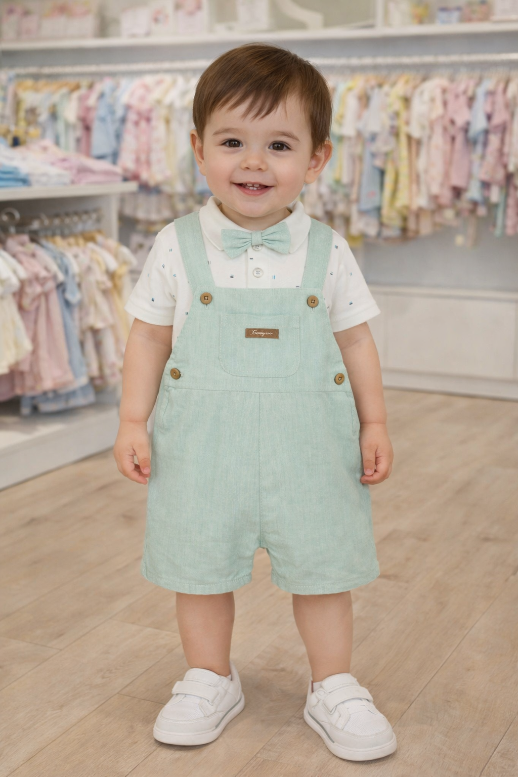 Conjunto Bebé Polo Algodão e Jardineiras Linho Verde Claro Energiers