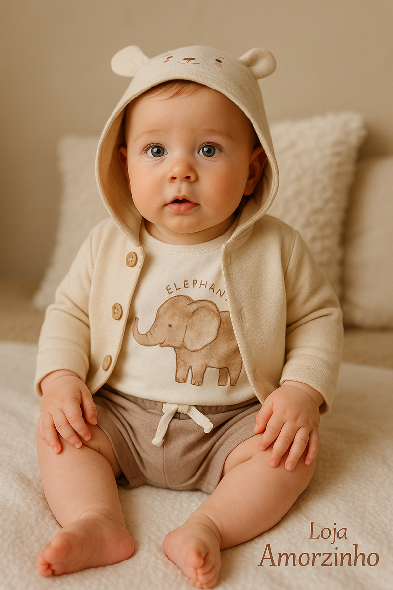🐘 Conjunto “Elefante Feliz” – Ternura e conforto para pequenos exploradores