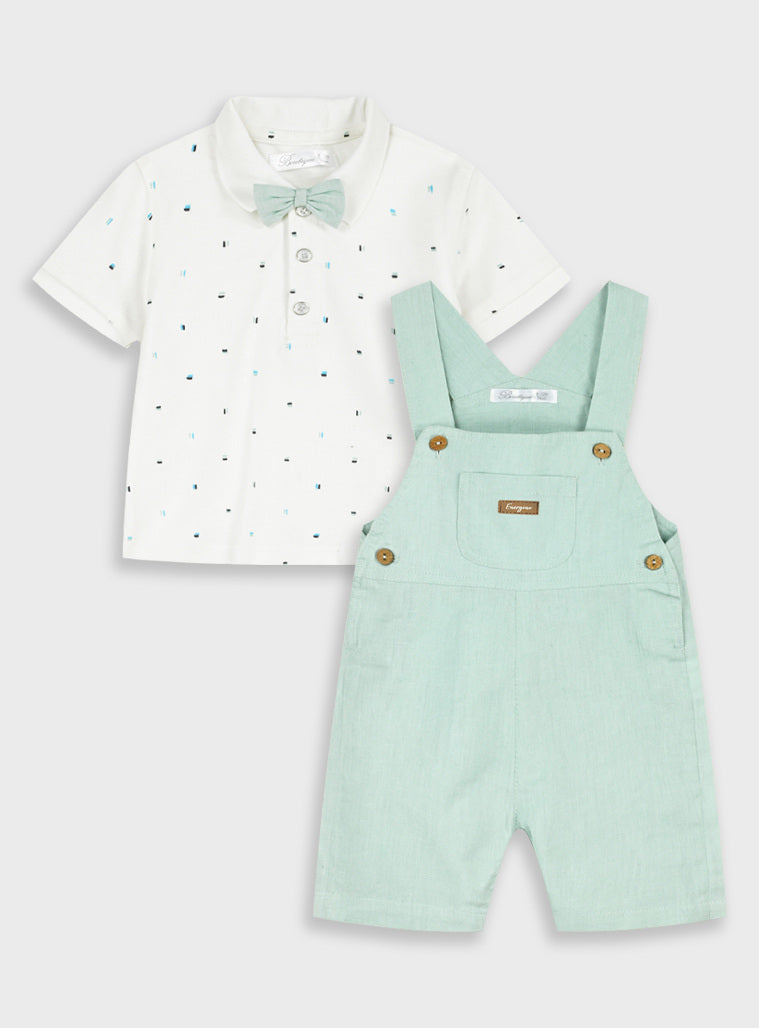 Conjunto Bebé Polo Algodão e Jardineiras Linho Verde Claro Energiers