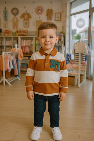 Look Completo Menino – Polo Risca Caramelo & Calça Denim