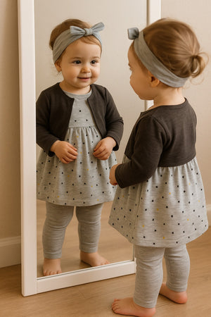 👧 Conjunto Menina Outono-Inverno – Vestido Cinza com Estrela+ Leggings Cinza e Fitinha do Cabelo