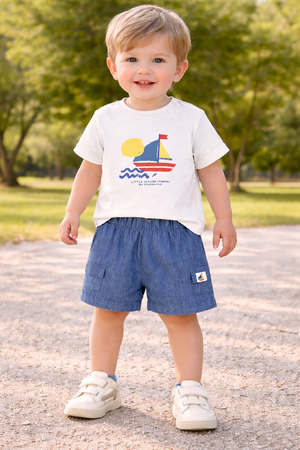 Conjunto Barquinho à Vela Bebé Menino | T-shirt Algodão + Calção Ganga