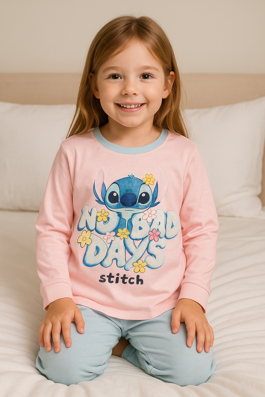 Pijama Menina Stitch “No Bad Days” – Rosa & Azul Bebé | Algodão Suave