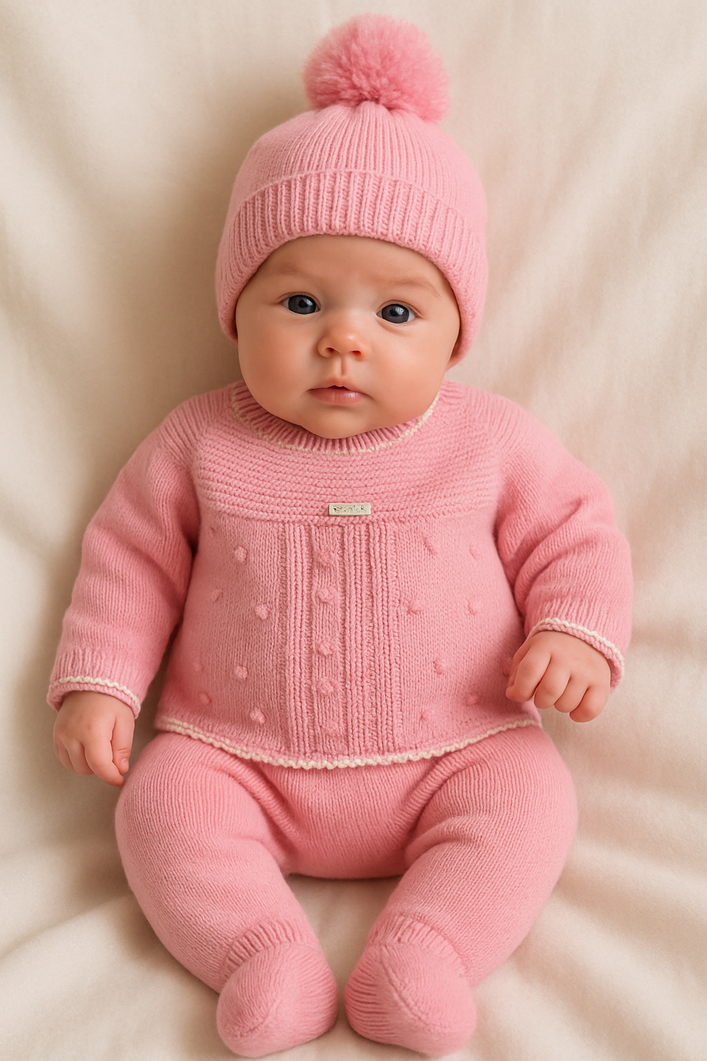 Conjunto Tricot Rosa com Pé e Gorro Pompom