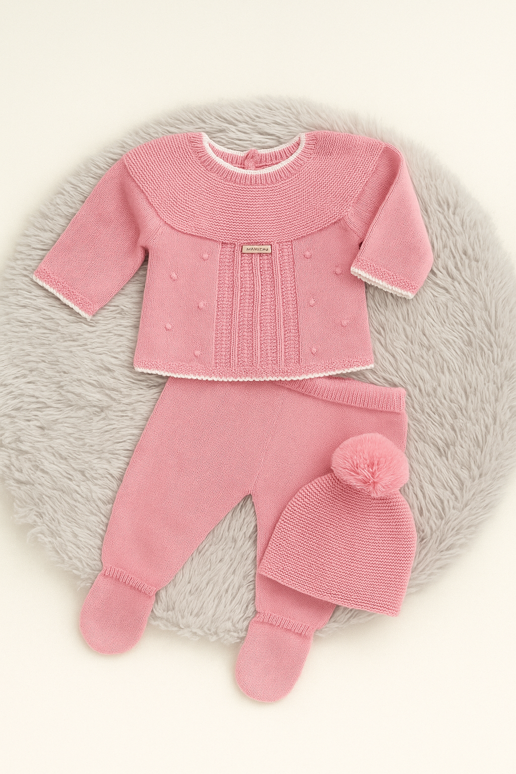 Conjunto Tricot Rosa com Pé e Gorro Pompom