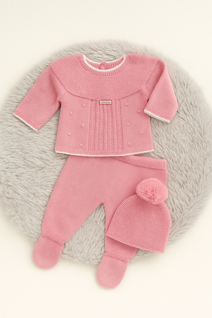 Conjunto Tricot Rosa com Pé e Gorro Pompom