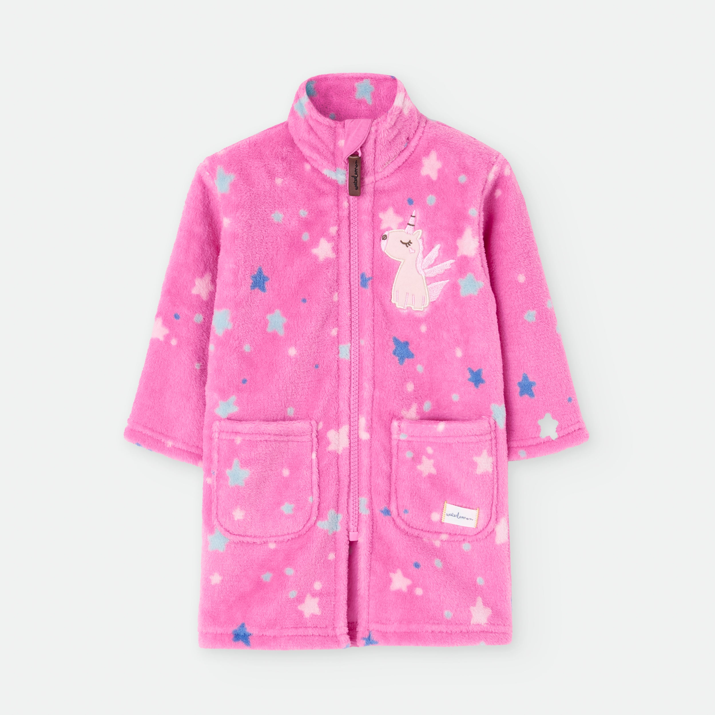 🦄 Roupão de Fleece Mágico - Unicórnio e Estrelas (Rosa Quentinho)