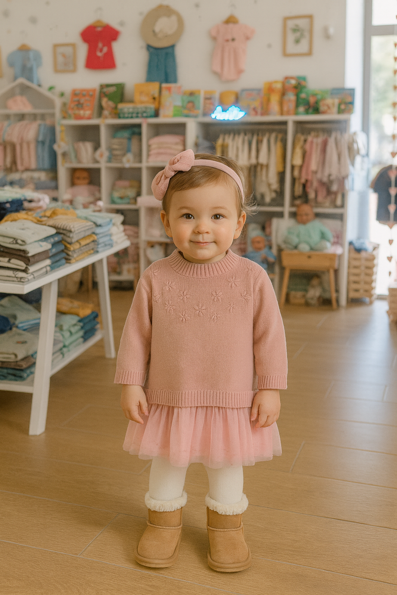 Vestido de Malha e Tule para Bebé Menina Rosa Velho – Bordado Floral