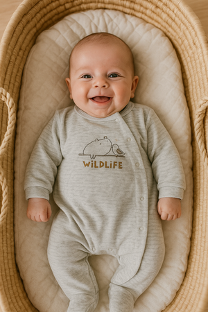 Babygrow de Veludo Cinzento para Bebé com Bordado Wildlife | Suave e Quentinho