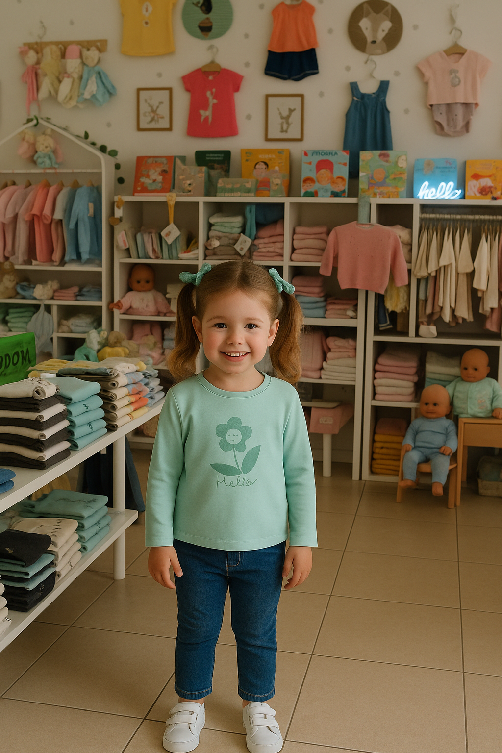 Sweat-shirt verde menta “Hello” com flor sorridente