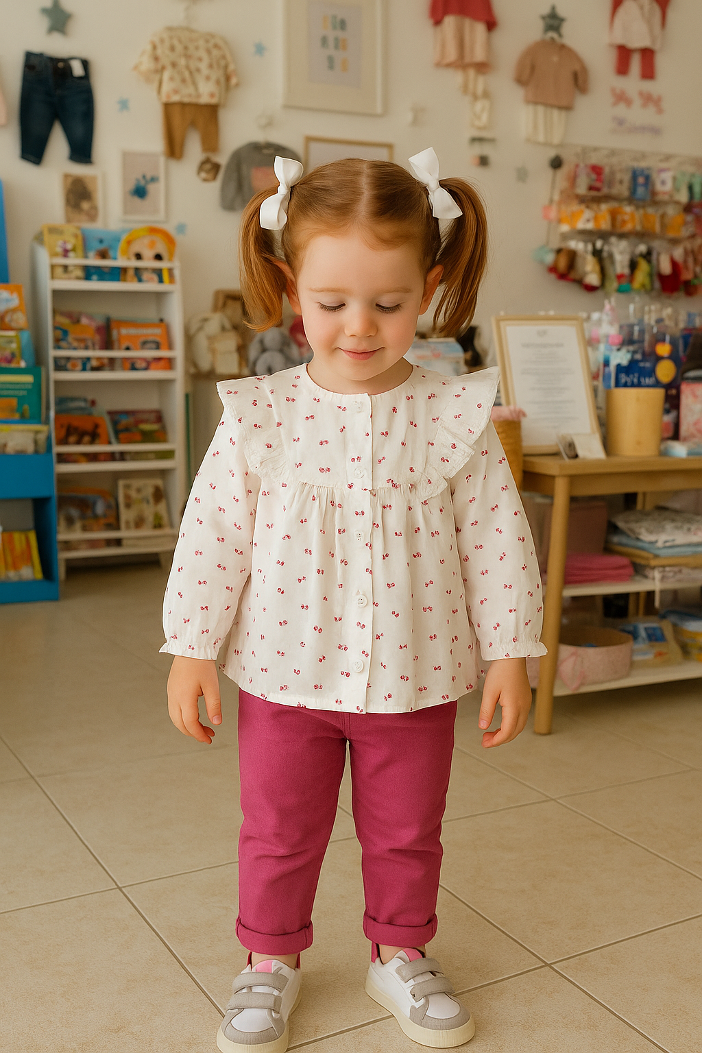 Blusa branca bebé com folhos e padrão de cerejas – 100% algodão
