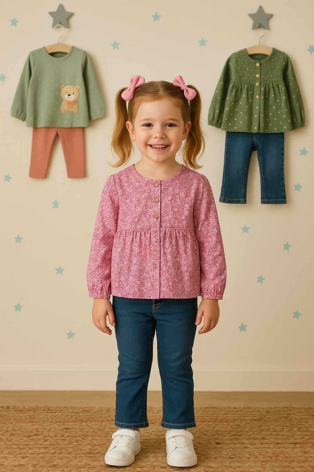 Blusa Rosa Menina – Estampa Floral com Botões de Madeira