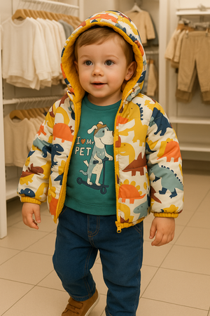 Casaco Reversível Dinossauros com Interior Peludo Mostarda