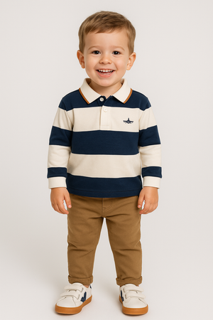 Conjunto Menino — Polo Risca Azul/pérola + Calças Camel