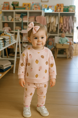 Leggings Caneladas para Bebé Menina Rosa Claro – Estampado Morangos Fofos