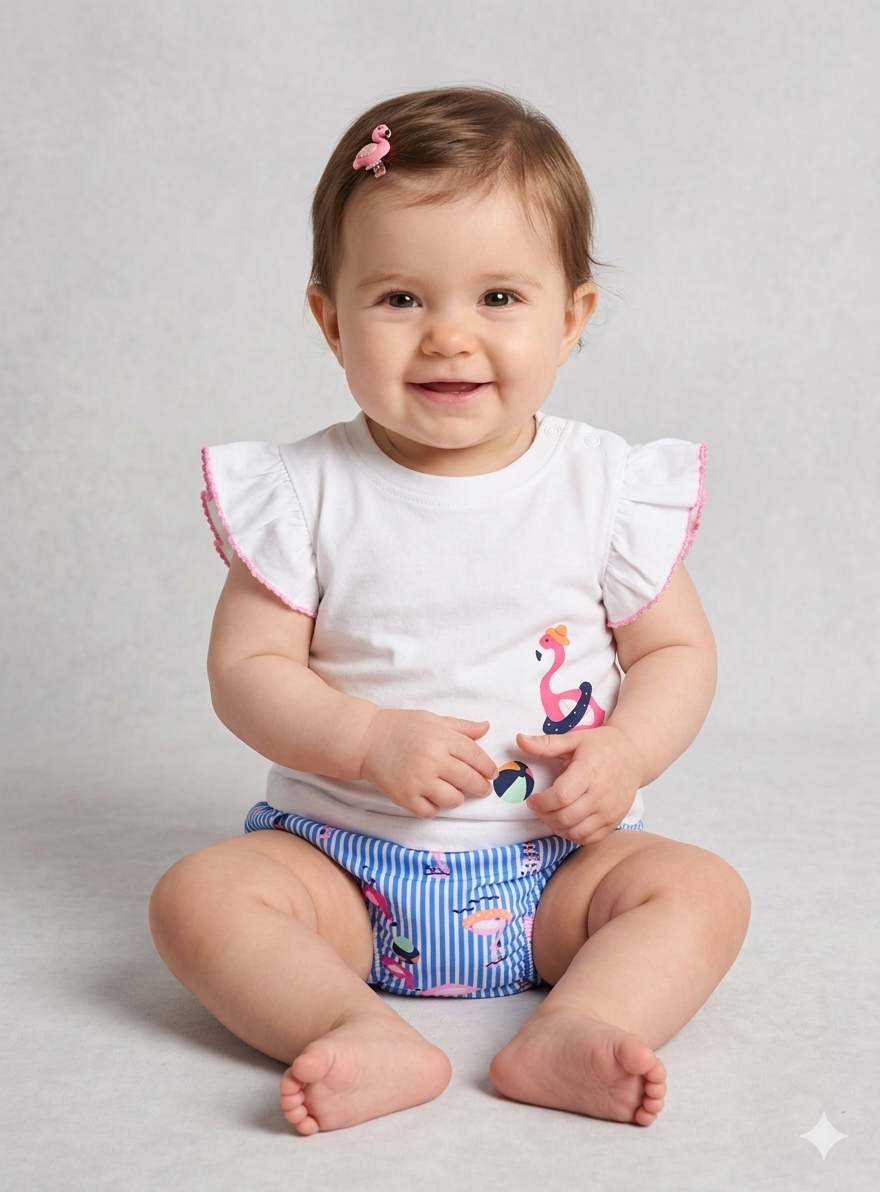 T-shirt de Praia Pelicano | Bebé Menina 6-24 Meses | 100% Algodão UV