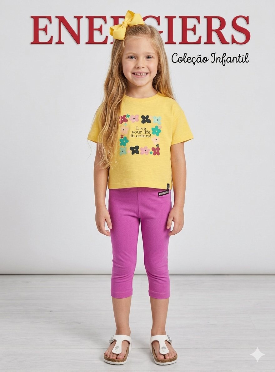 Conjunto T-shirt Amarela com Flores e Legging Pirata Rosa | 12 Meses-6 Anos