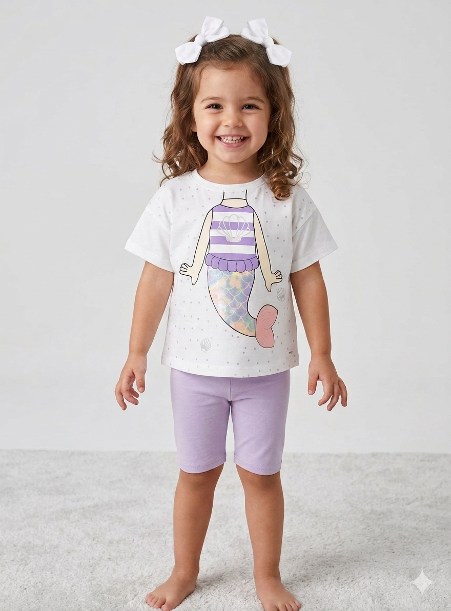 Conjunto Sereia Algodão T-shirt + Calção | Menina 12 meses-6 Anos