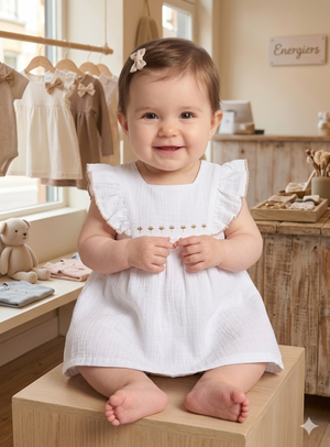 Vestido Bebé Menina Cru com Apontamentos Caramelo | 6-24 Meses