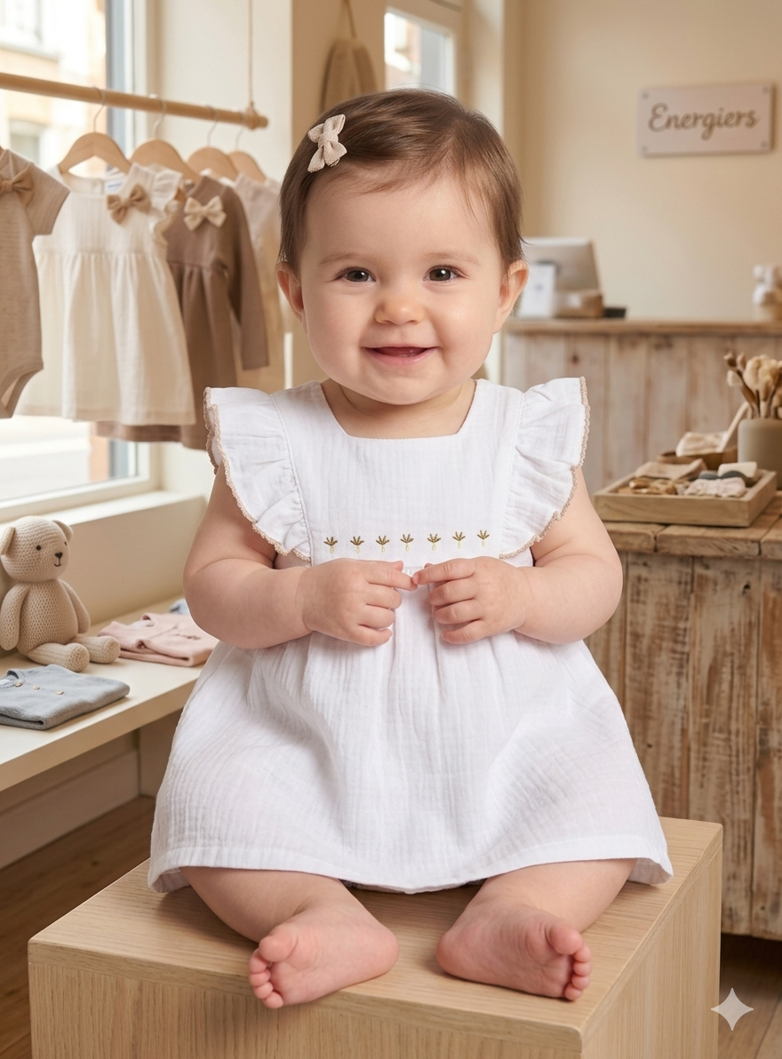 Vestido Bebé Menina Cru com Apontamentos Caramelo | 6-24 Meses