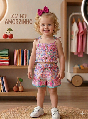 Conjunto Top e Calções Menina Rosa Turquesa Azul | 2-6 Anos