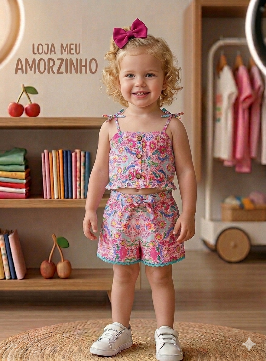 Conjunto Top e Calções Menina Rosa Turquesa Azul | 2-6 Anos