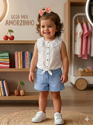 Calções Ganga Elástica com Coração | Menina 12 meses-6 Anos