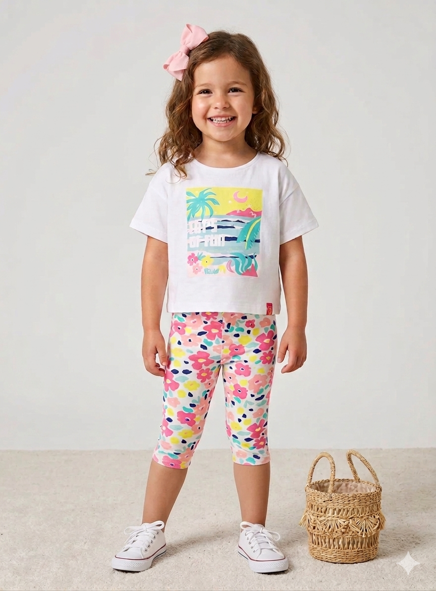 Conjunto Algodão Flores T-shirt + Bermuda | Menina 12 meses-6 Anos