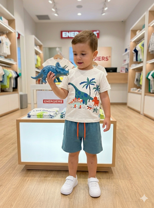 Conjunto Dinossauros Bebé e Criança | 100% Algodão | T-shirt + Calções