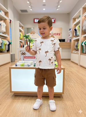 Conjunto Estampado Palmeiras Branco e Caramelo | T-shirt + Calções com Bolsos