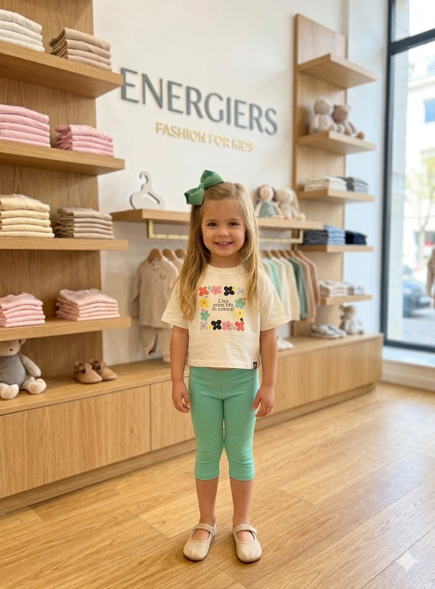 Conjunto T-shirt Branca com Flores e Legging Pirata Verde Menina | 12 Meses-6 Anos