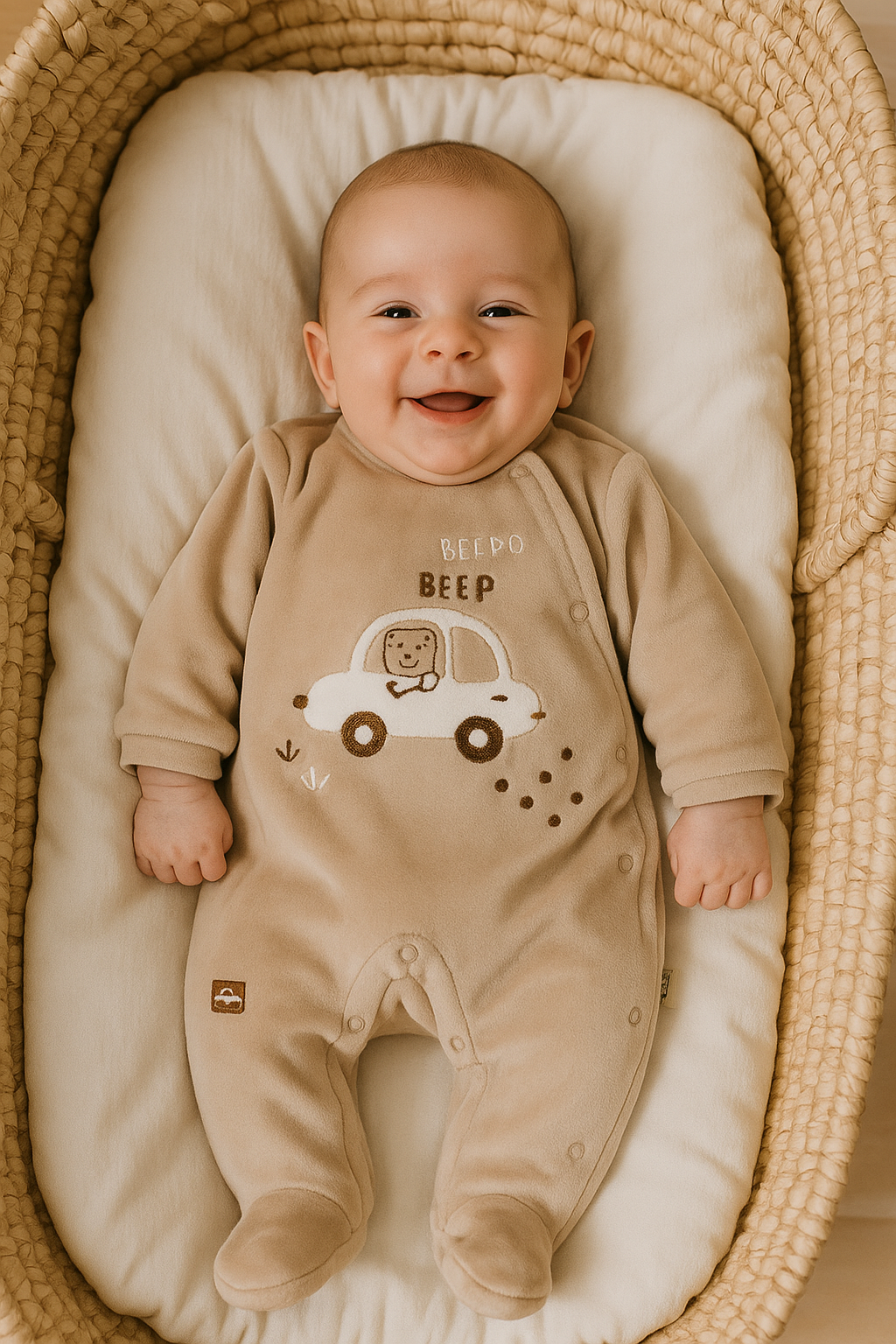 Babygrow de Veludo Bege para Bebé Menino com Carrinho | Conforto e Estilo