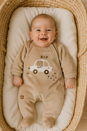 Babygrow de Veludo Bege para Bebé Menino com Carrinho | Conforto e Estilo