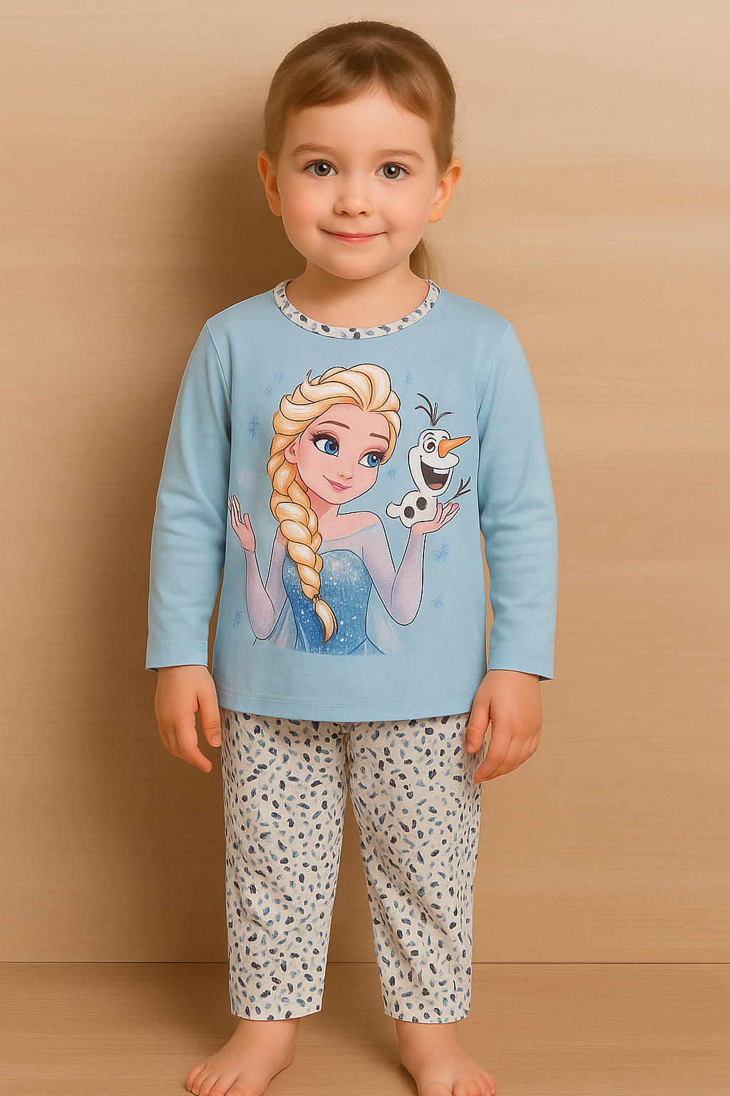 Pijama Menina Frozen Elsa & Olaf – Azul & Padrão Neve | Algodão Suave