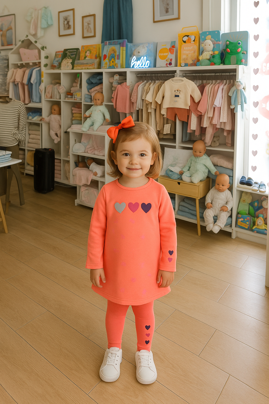 Vestido Coral com Corações + Collants — Look de Inverno