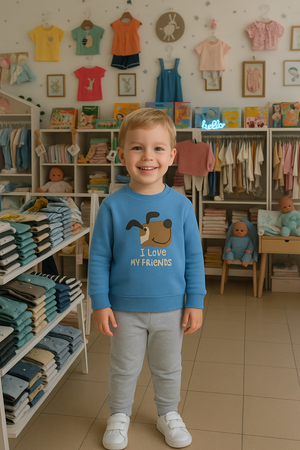 Conjunto de Felpa Azul com Cão – “I Love My Friends”