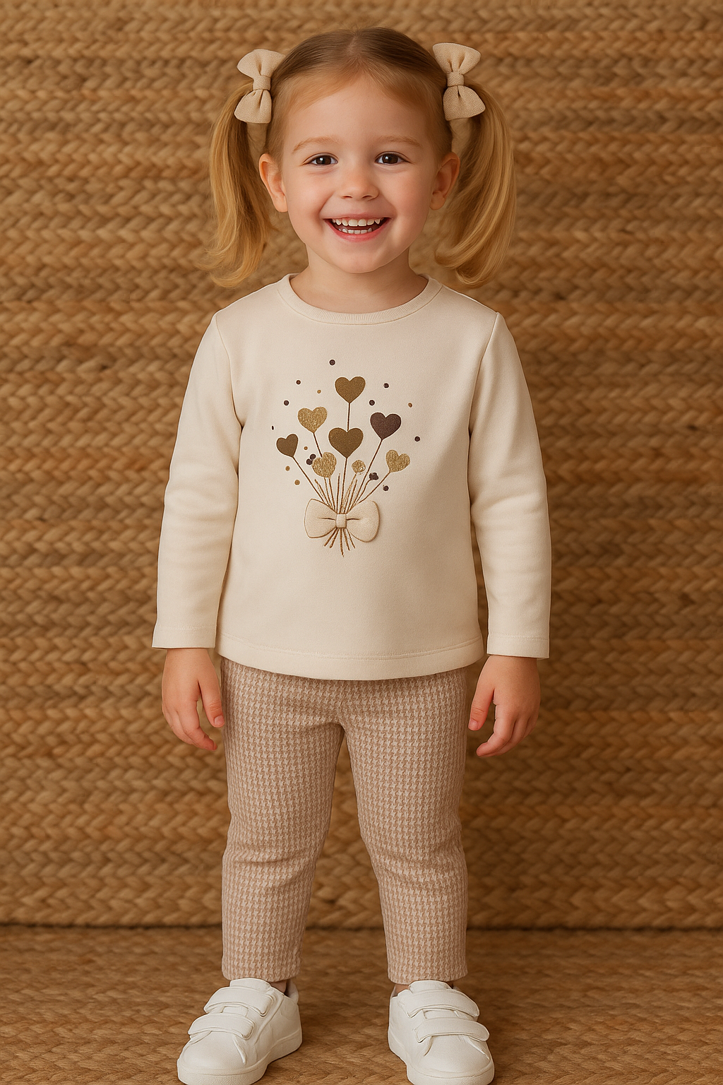 Conjunto Bege Menina – Corações e Lacinhos em Algodão Suave