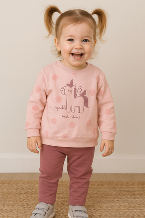 Conjunto “Sparkle & Shine” – Sweat Unicórnio Rosa + Calças Malva (Menina)
