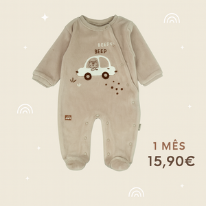 Babygrow de Veludo Bege para Bebé Menino com Carrinho | Conforto e Estilo