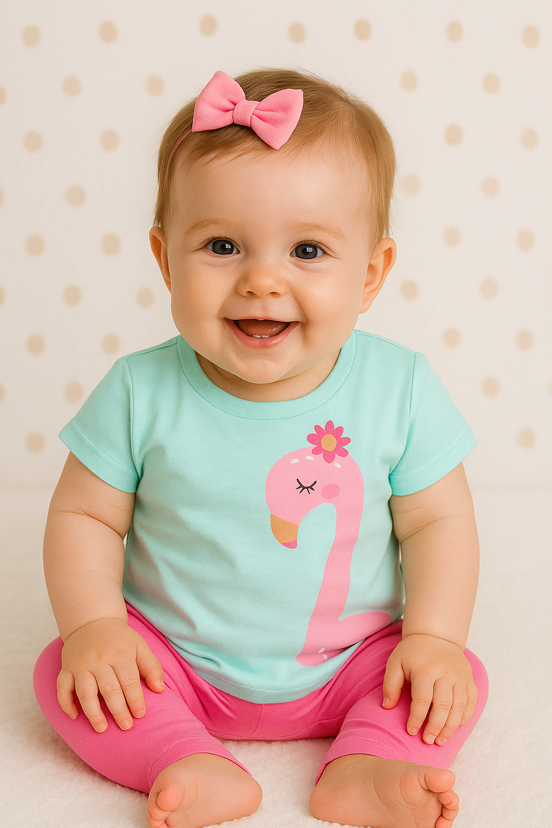 💚 T-shirt Bebé Menina – Flamingo Tropical 🦩🌸
