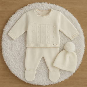 Conjunto Tricot Creme com Pé e Gorro Pompom