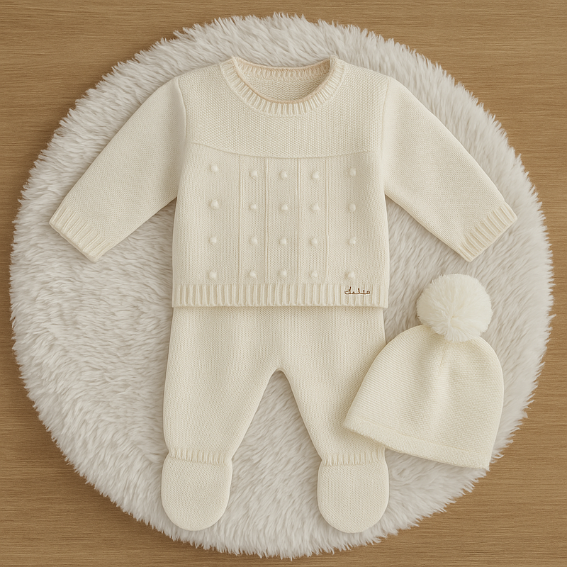 Conjunto Tricot Creme com Pé e Gorro Pompom