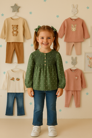 🌿 Blusa verde com flores e frente franzida – menina (2 aos 7 anos)