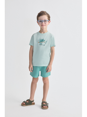 Conjunto Duas Peças Camaão Verde Água Menino Algodão 3-7 Anos