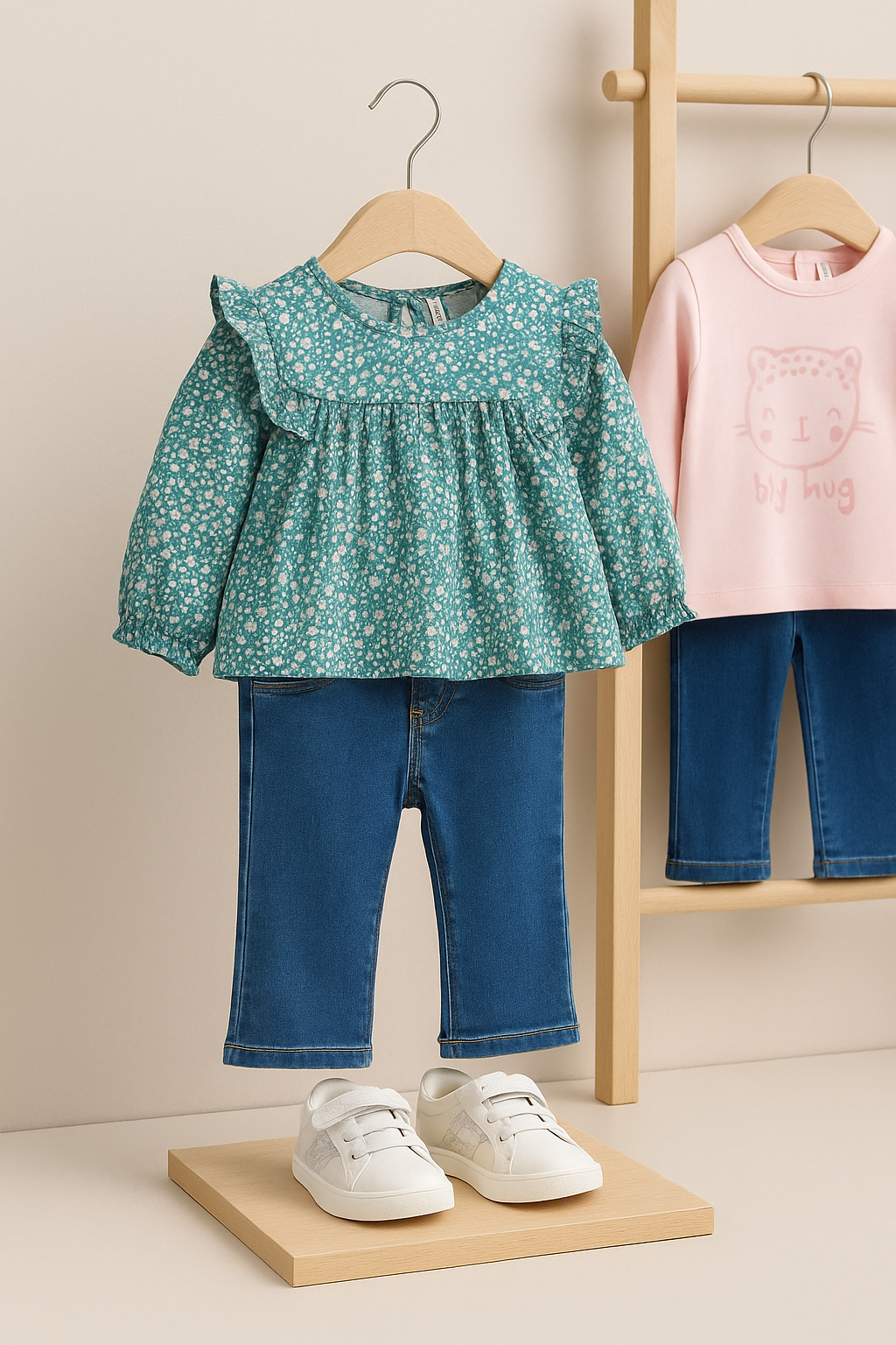 Blusa bebé verde com folhos e flores – 100% algodão suave