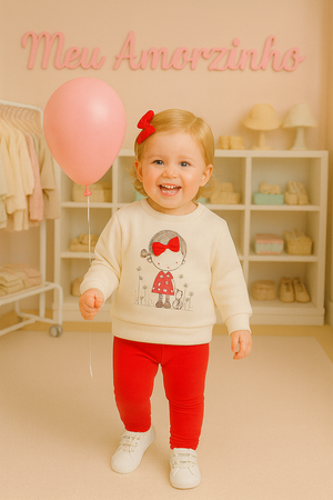 👧 Conjunto Menina Outono-Inverno – Sweatshirt Branca Ilustrada + Calças Vermelhas