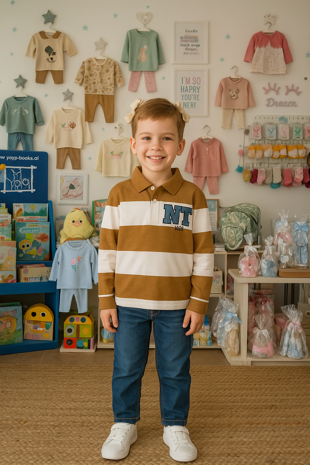 🤎 Polo às riscas caramelo e branco – menino (2 aos 7 anos)