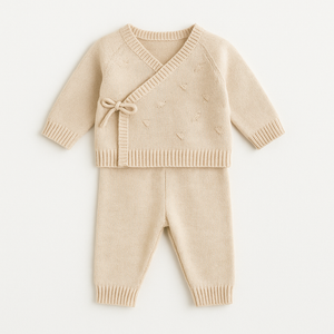 Conjunto de Malha Bege(inverno) para Bebé | 2 Peças Suaves para Recém-Nascido e 1–3 Meses